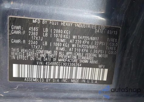 2013 Subaru Outback 2.5I Premium из США, поврежденный, VIN 4S4BRCCC9D3306264